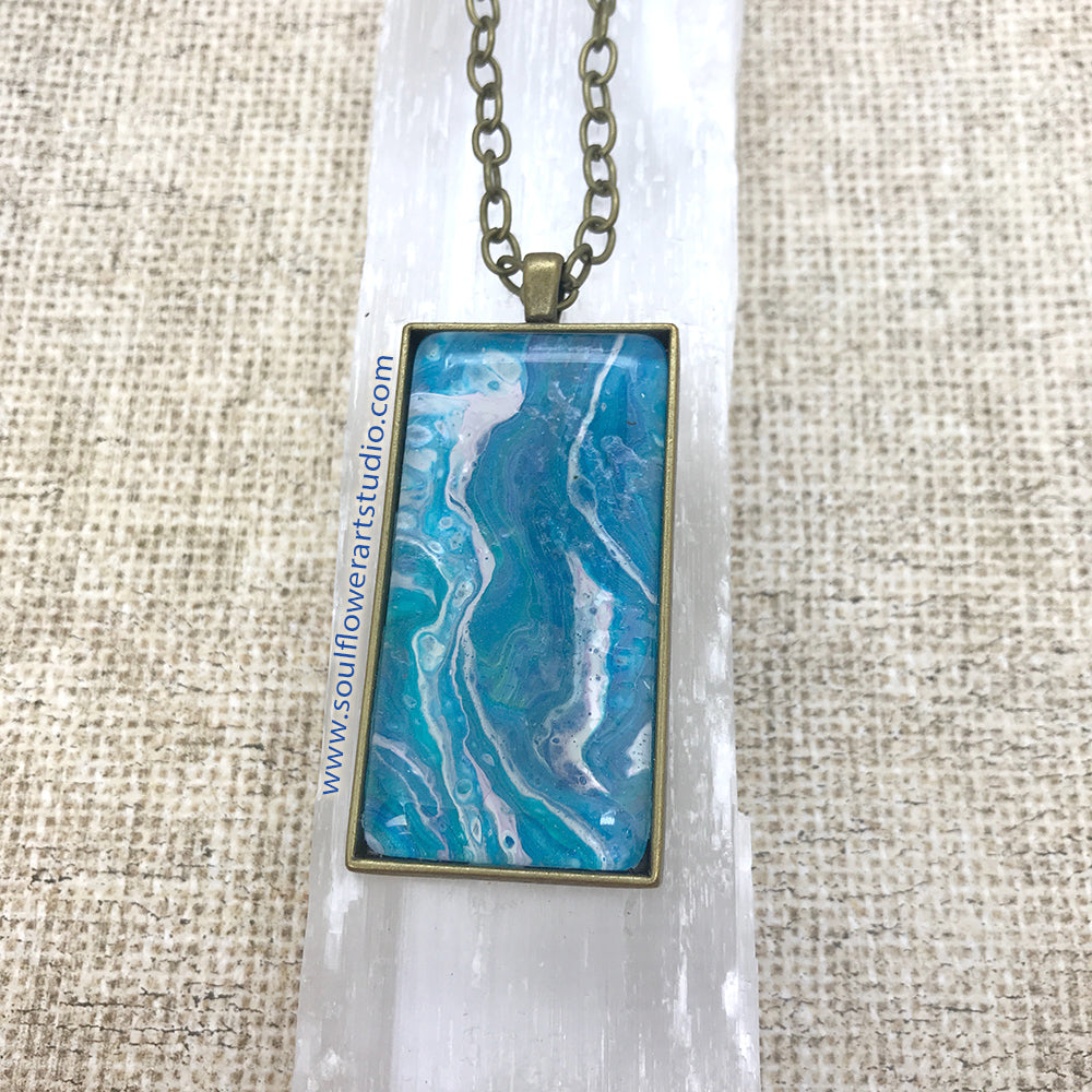 Blue Bronze Rectangle Wearable Art Necklace