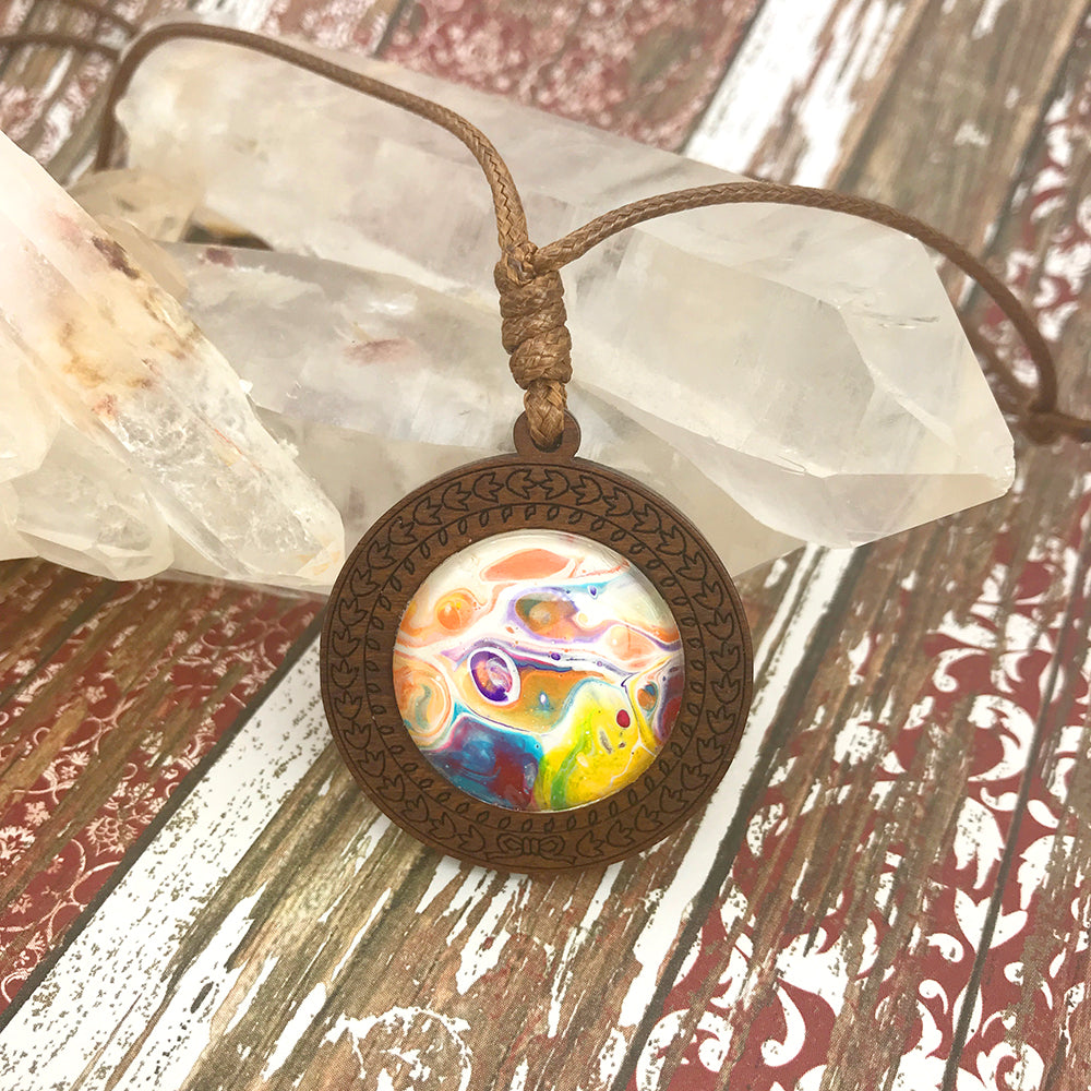 Happy Vibes Boho Abstract Art Wood Necklace