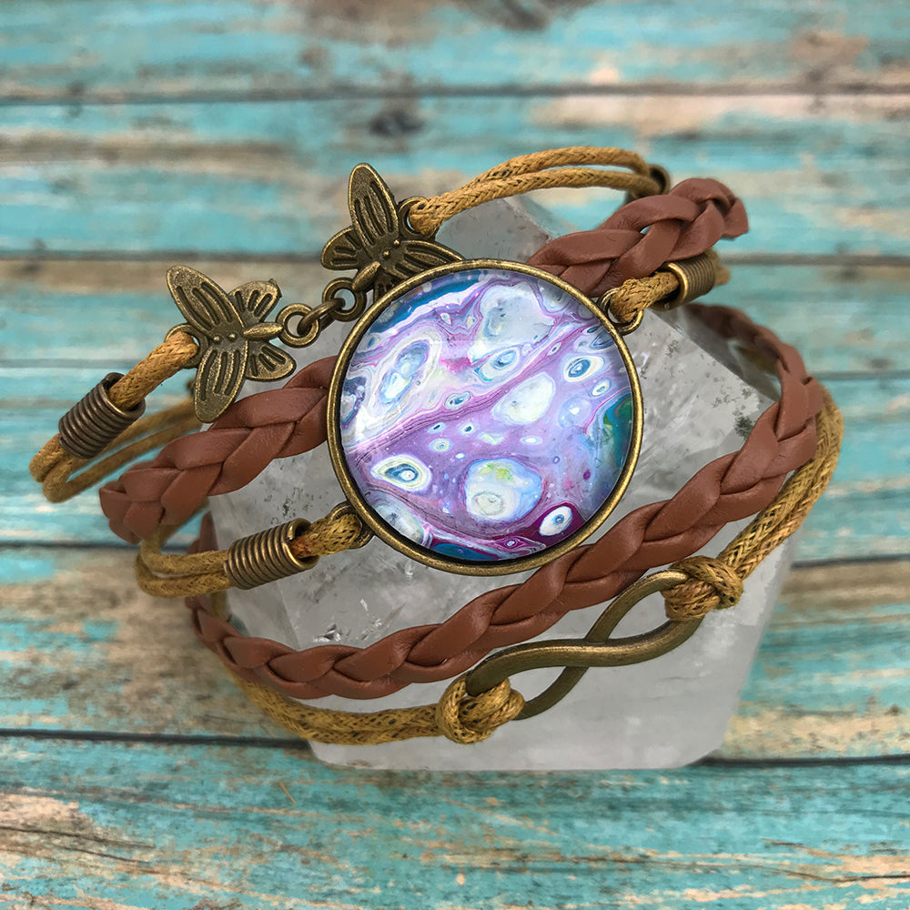 Purple Fluid Art Braided Brown Leather Boho Bracelet