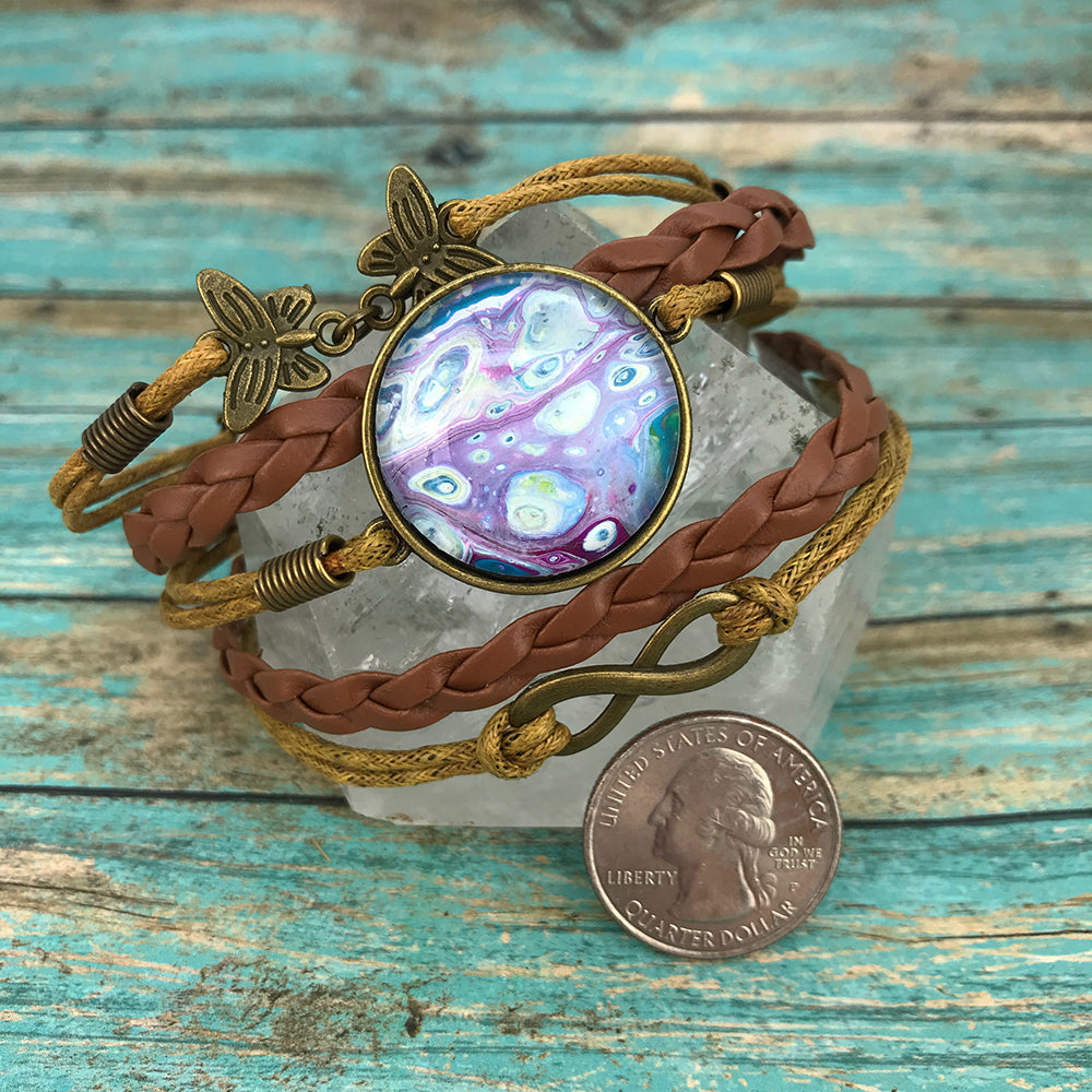 Purple Fluid Art Braided Brown Leather Boho Bracelet