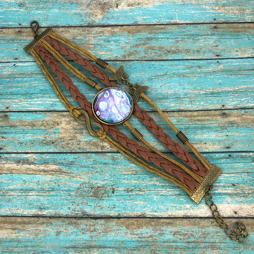 Purple Fluid Art Braided Brown Leather Boho Bracelet