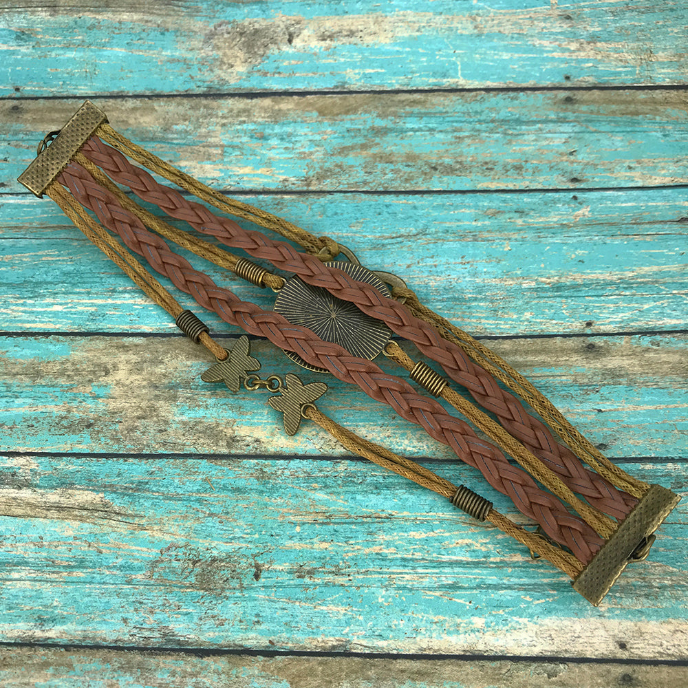 Purple Fluid Art Braided Brown Leather Boho Bracelet