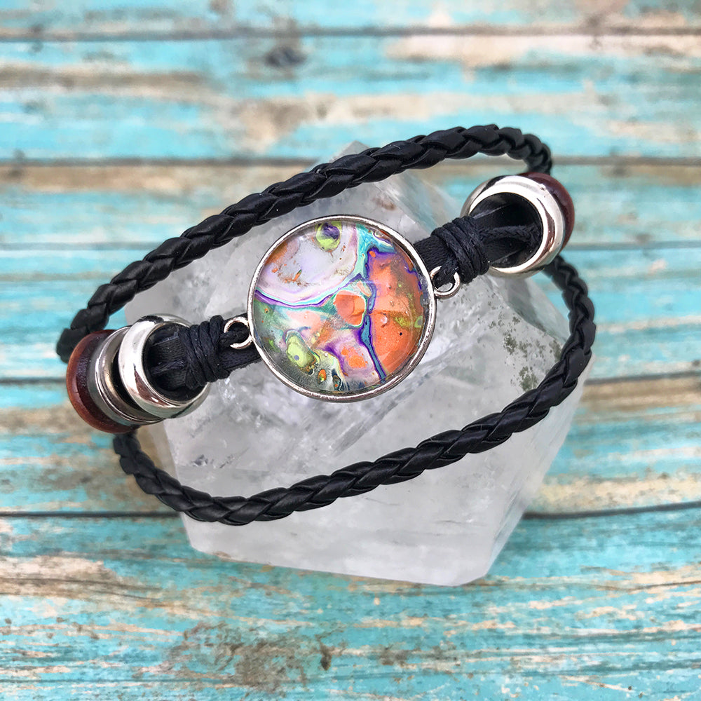 Orange Fluid Art Braided Black Leather Boho Bracelet
