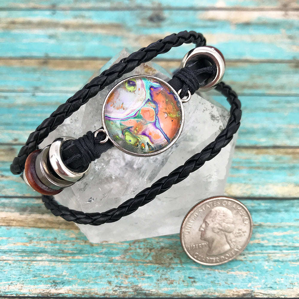 Orange Fluid Art Braided Black Leather Boho Bracelet