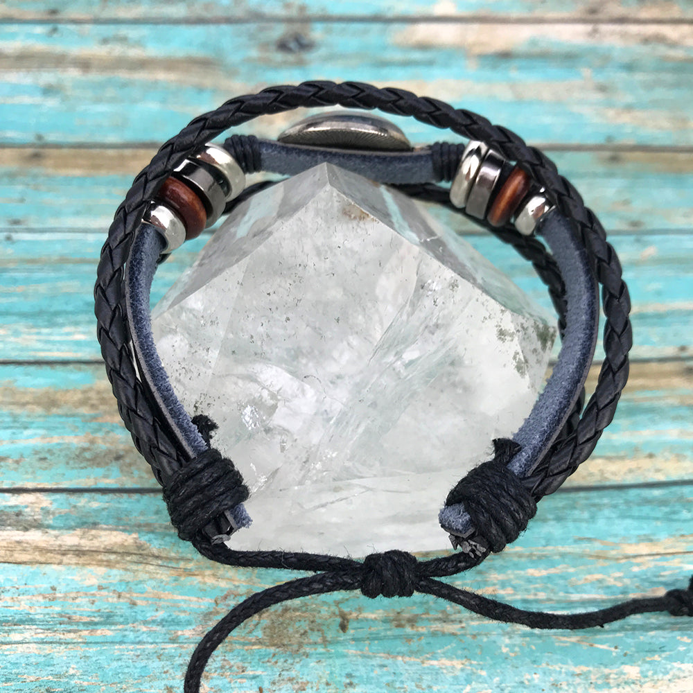 Orange Fluid Art Braided Black Leather Boho Bracelet