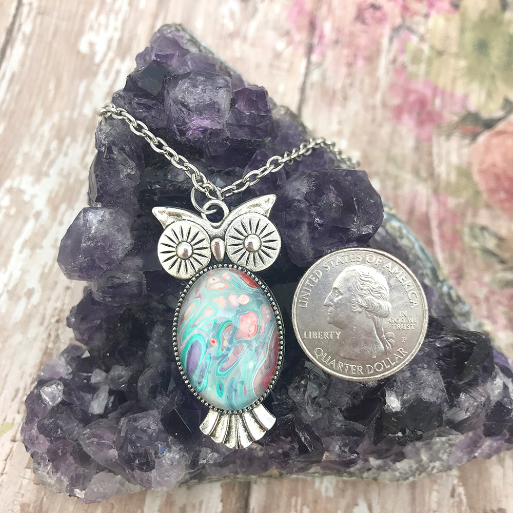Blue Pink Owl Abstract Art Necklace