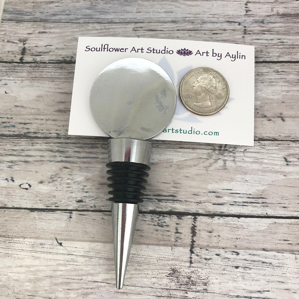 Wine Bottle Stopper with Blue White Purple Artwork - Round