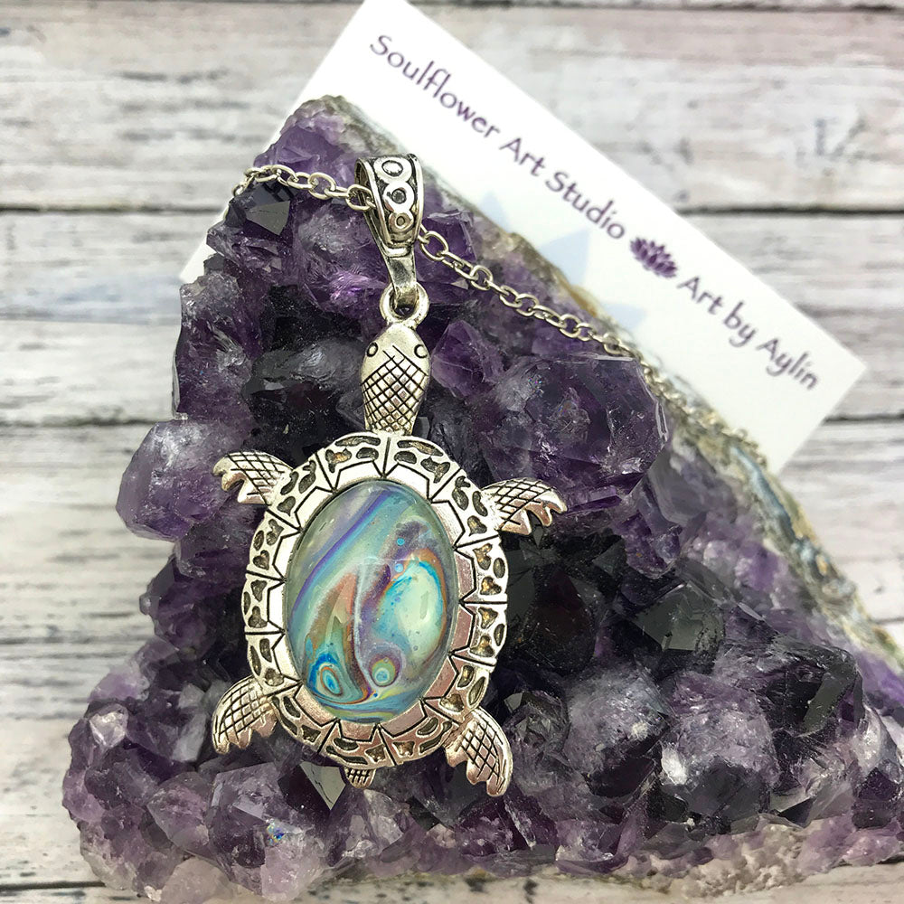 Light Blue Turtle Fluid Art Necklace