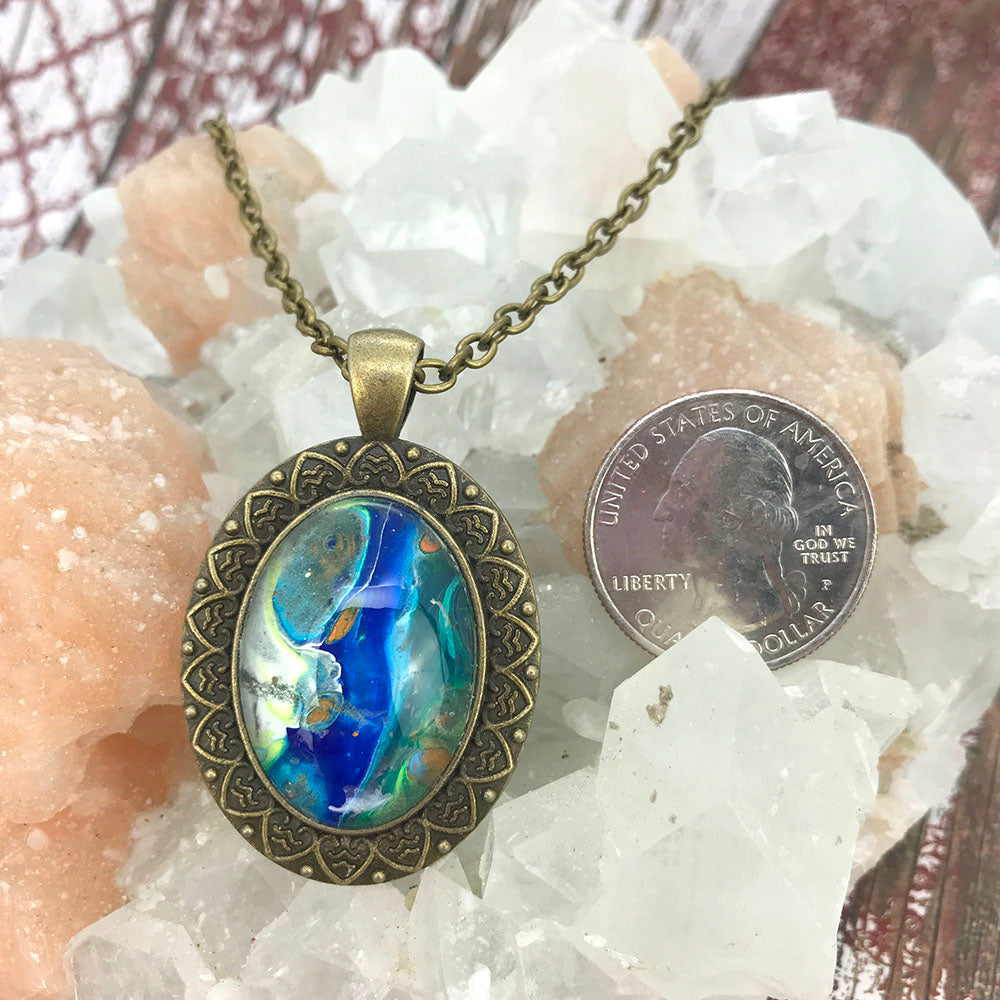 Blue Fluid Art Bronze Oval Necklace