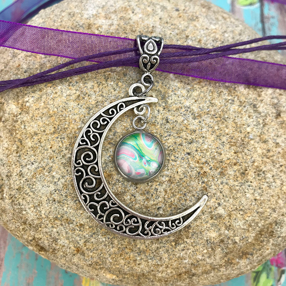 Crescent Moon Boho Fluid Art Pendant with Purple Organza Ribbon Necklace
