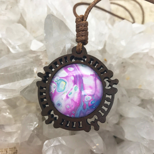 Cotton Candy Boho Abstract Art Wood Necklace