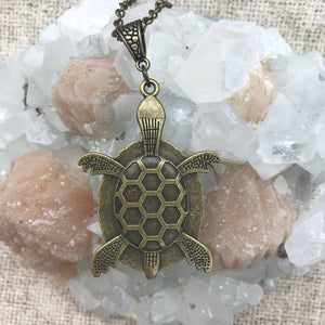 Green White Art Bronze Turtle Necklace