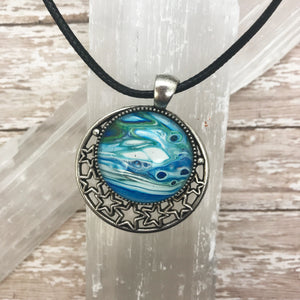 Abstract Blue Planet & Stars Wearable Art Necklace