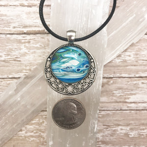 Abstract Blue Planet & Stars Wearable Art Necklace