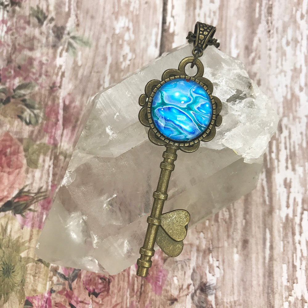 Blue Marbled Key Necklace Magic Marbled Key Skeleton Key Necklace Vintage  Style Key Glass Cabochon Necklace Romantic Gifts For Her Keys