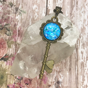 Blue Vintage Key Art Necklace