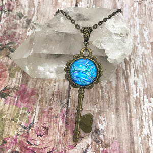 Blue Vintage Key Art Necklace