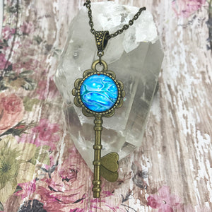 Blue Vintage Key Art Necklace