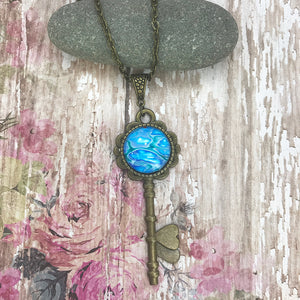 Blue Vintage Key Art Necklace