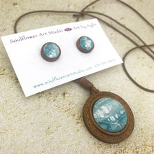 Load image into Gallery viewer, Blue Abstract Boho Wooden Necklace &amp; Earring Set
