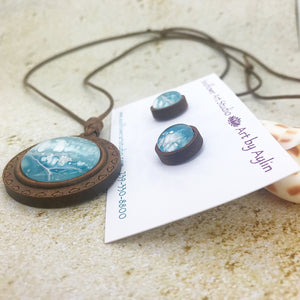 Blue Abstract Boho Wooden Necklace & Earring Set