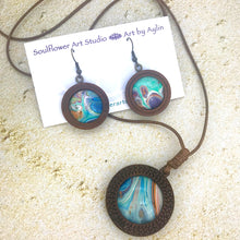 Load image into Gallery viewer, Blue Green Orange Boho Wooden Necklace &amp; Earrings Set
