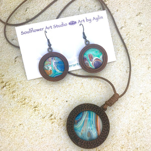 Blue Green Orange Boho Wooden Necklace & Earrings Set