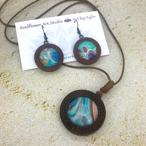 Blue Green Orange Boho Wooden Necklace & Earrings Set