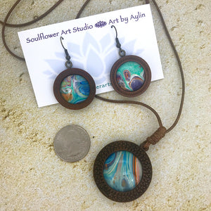 Blue Green Orange Boho Wooden Necklace & Earrings Set