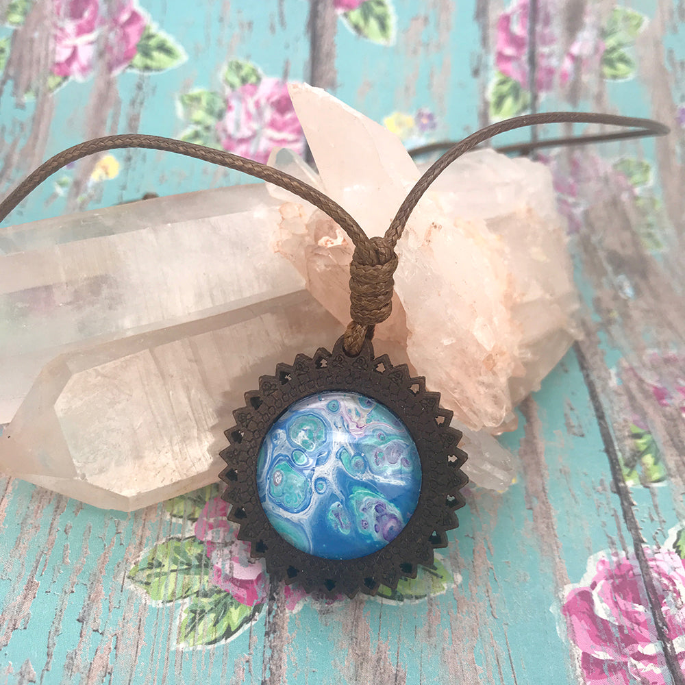 Blue Planet Boho Abstract Art Wood Necklace