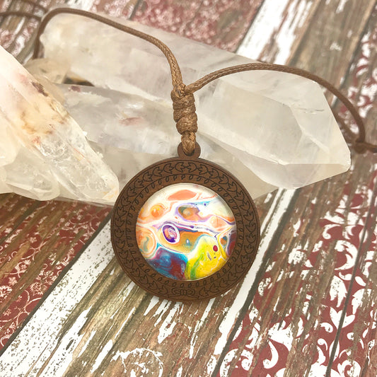 Happy Vibes Boho Abstract Art Wood Necklace