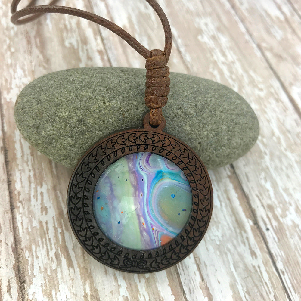 Lavender Fields Boho Abstract Art Wood Necklace