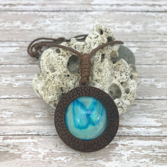 Blue Lagoon Boho Abstract Art Wood Necklace