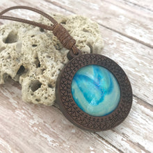 Load image into Gallery viewer, Blue Lagoon Boho Abstract Art Wood Necklace
