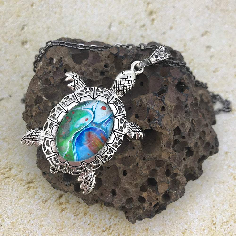 Blue Green Turtle Fluid Art Necklace