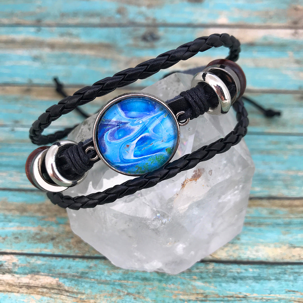 Vibrant Blue Fluid Art Leather Boho Bracelet