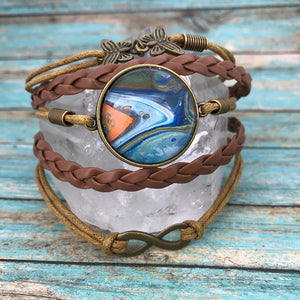 Orange Blue Fluid Art Braided Brown Leather Boho Bracelet