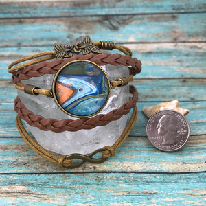 Orange Blue Fluid Art Braided Brown Leather Boho Bracelet