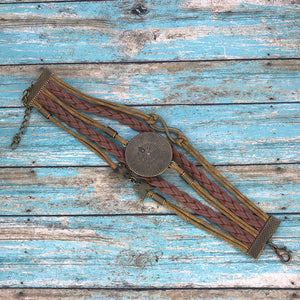 Orange Blue Fluid Art Braided Brown Leather Boho Bracelet