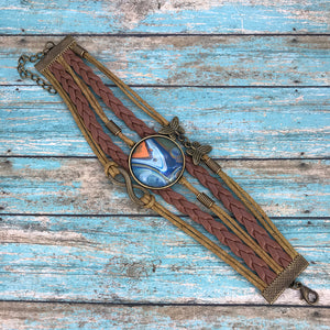 Orange Blue Fluid Art Braided Brown Leather Boho Bracelet