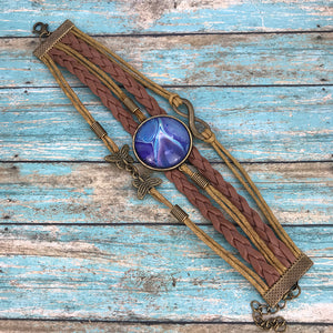 Deep Purple Fluid Art Braided Brown Leather Boho Bracelet