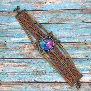 Magenta Blue Fluid Art Braided Brown Leather Boho Bracelet