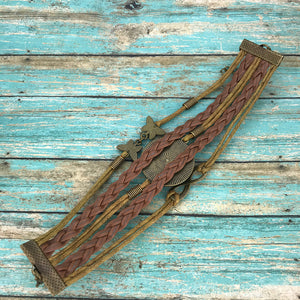 Magenta Blue Fluid Art Braided Brown Leather Boho Bracelet