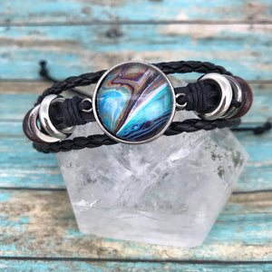 Turquoise Fluid Art Braided Black Leather Boho Bracelet