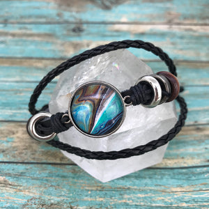 Turquoise Fluid Art Braided Black Leather Boho Bracelet