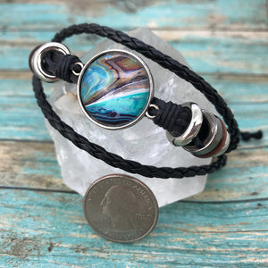 Turquoise Fluid Art Braided Black Leather Boho Bracelet