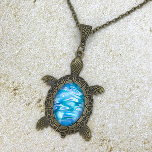 Blue Bronze Turtle Wearable Art Necklace