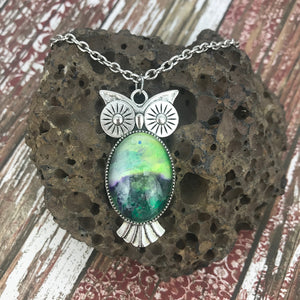 Green Purple Owl Abstract Art Necklace