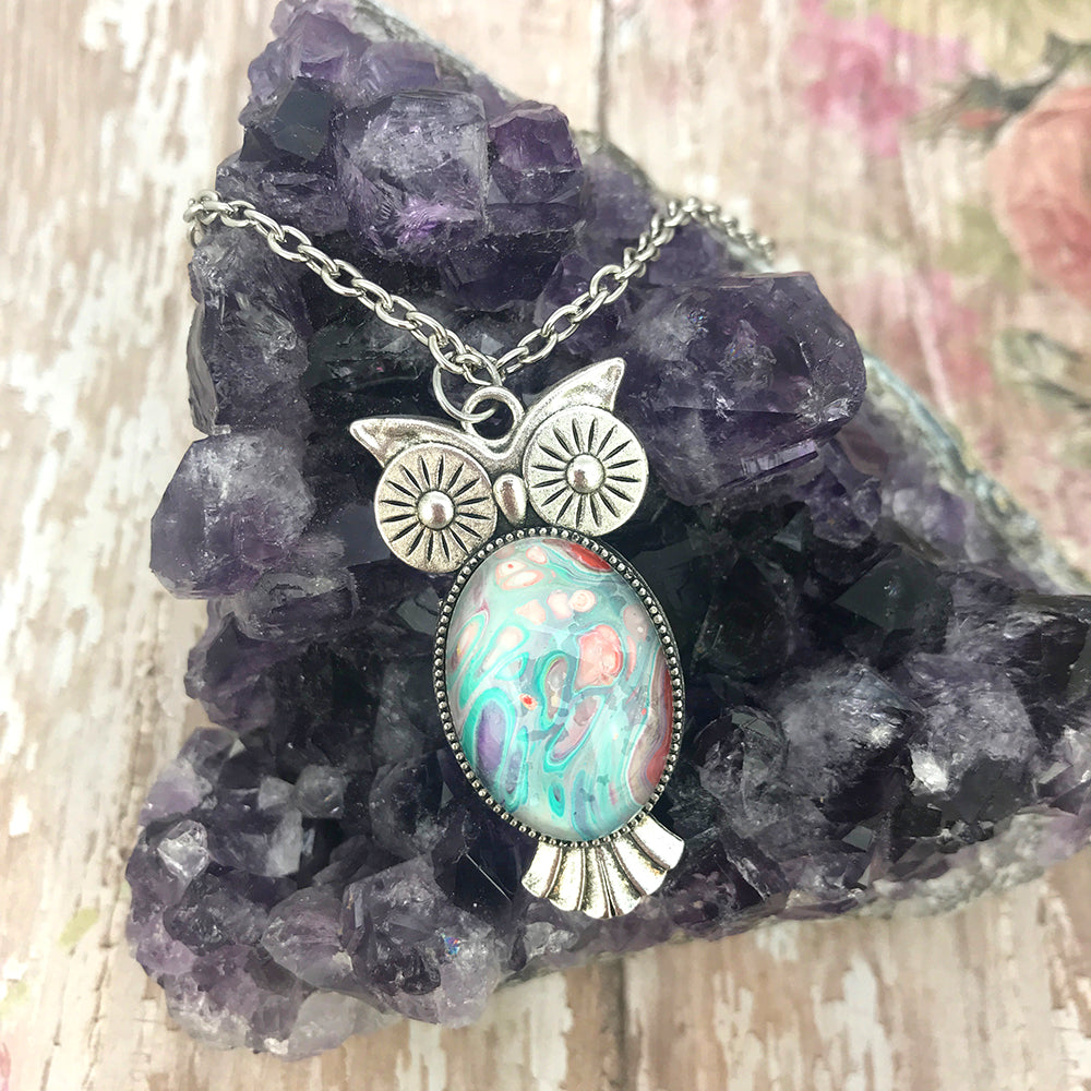 Blue Pink Owl Abstract Art Necklace