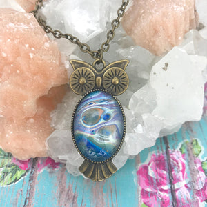 Blue Orange Bronze Owl Art Necklace